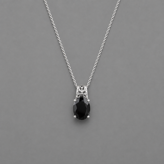 Oval cut Black Spinel Gemstone Intricate Pendant Necklace in Stainless Steel