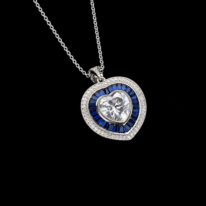 Elegant White and Blue Cubic Zircon Heart Pendant Necklace in Silvertone