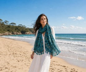 Lightweight Soft Floral Printed Blue Boho Scarf Shawl Wrap with Tassels