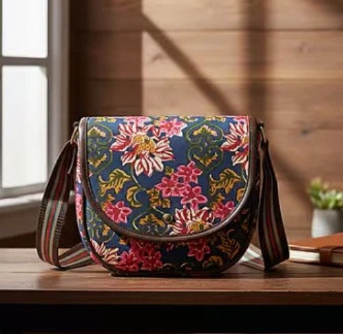 Midnight Blue Floral Print Cotton Sling Boho Crossbody Bag with Magnetic Flap Closure