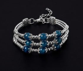 Blue Apatite Gemstone 3 Row Station Adjustable Bracelet in Silvertone