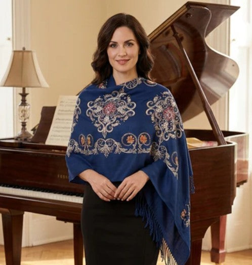 Midnight Blue Baroque Embroidered Lightweight Scarf Shawl Wrap