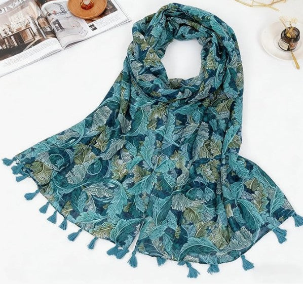 Lightweight Soft Floral Printed Blue Boho Scarf Shawl Wrap with Tassels