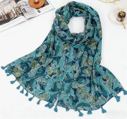 Lightweight Soft Floral Printed Blue Boho Scarf Shawl Wrap with Tassels