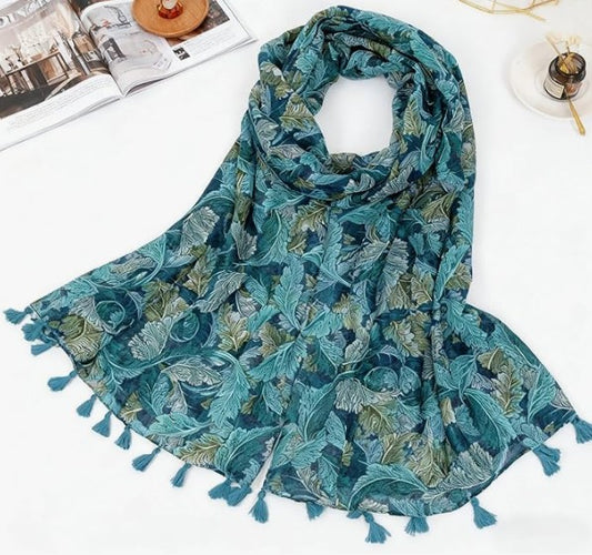 Lightweight Soft Floral Printed Blue Boho Scarf Shawl Wrap with Tassels