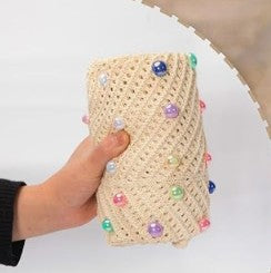 Crochet Knit Summer Boho Beach Tote Foldable Shoulder Bag with Colored Beads