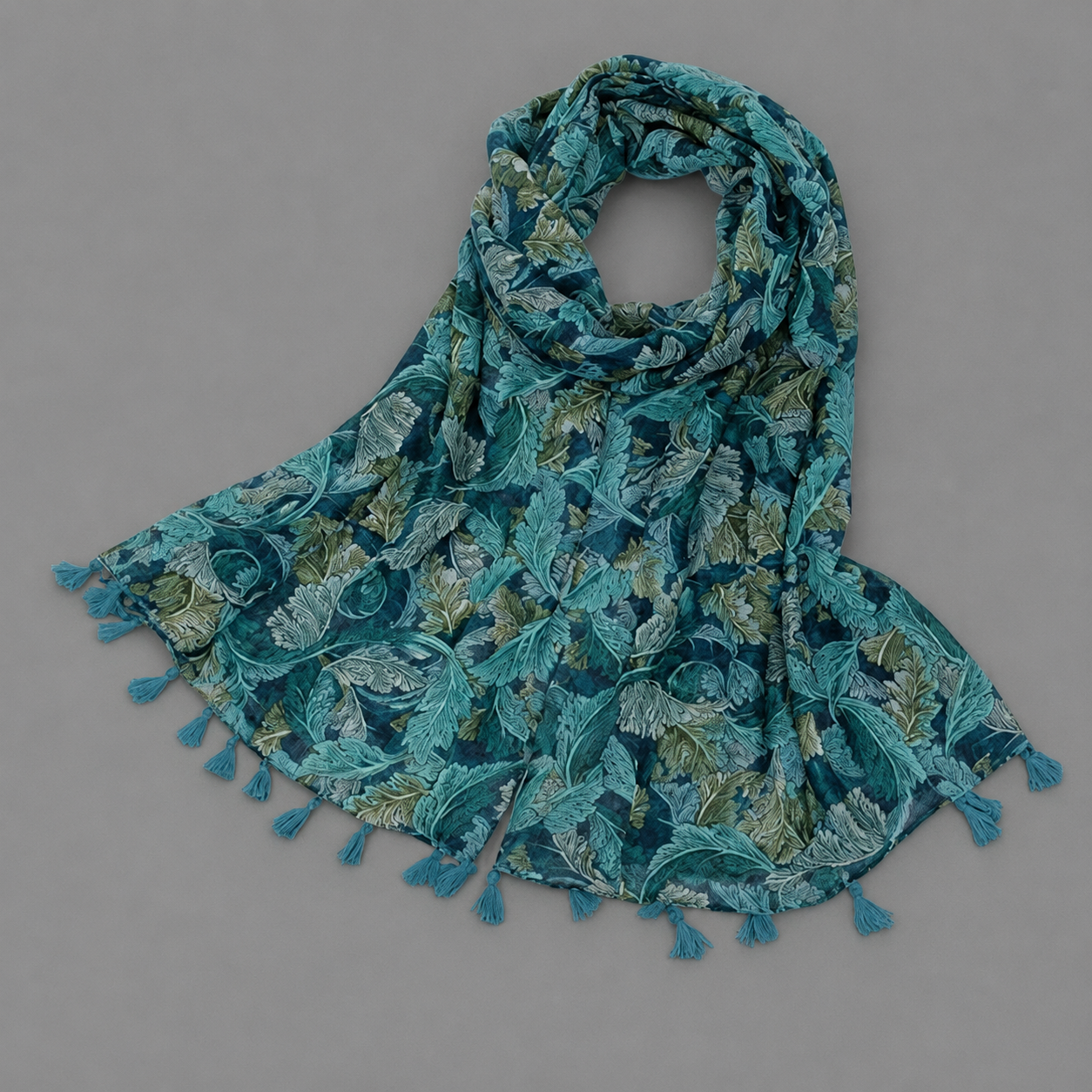 Lightweight Soft Floral Printed Blue Boho Scarf Shawl Wrap with Tassels