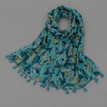 Lightweight Soft Floral Printed Blue Boho Scarf Shawl Wrap with Tassels