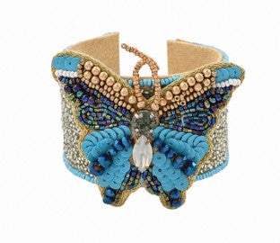 Turquoise and Blue Seed Beaded Butterfly Cuff Boho Bracelet in Gold tone