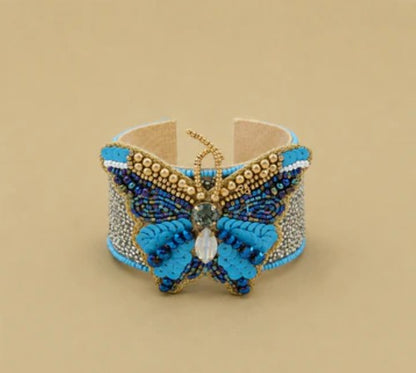Turquoise and Blue Seed Beaded Butterfly Cuff Boho Bracelet in Gold tone