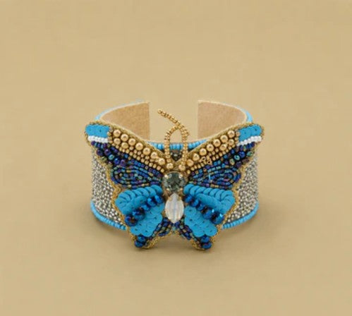Turquoise and Blue Seed Beaded Butterfly Cuff Boho Bracelet in Gold tone