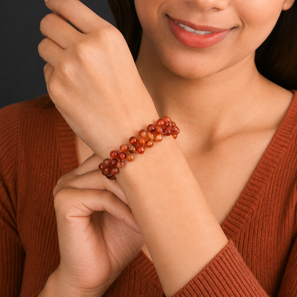 Three Row Carnelian Beaded Adjustable Bracelet in Stainless Steel