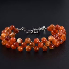 Three Row Carnelian Beaded Adjustable Bracelet in Stainless Steel