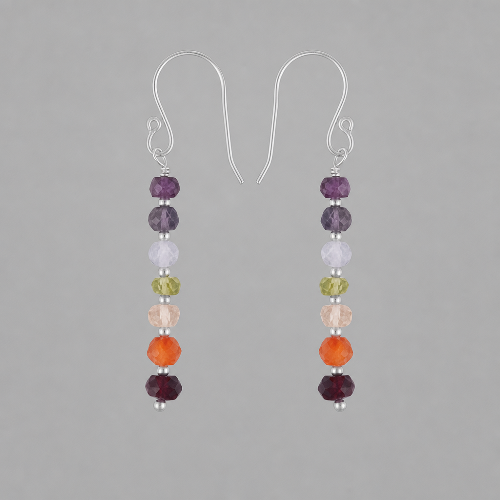 Multicolored 7 Gemstone Chakra with Faceted Beads Sterling Silver Boho Earrings