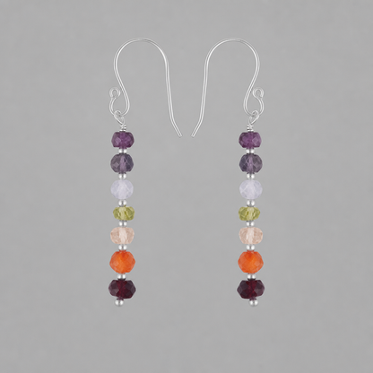 Multicolored 7 Gemstone Chakra with Faceted Beads Sterling Silver Boho Earrings