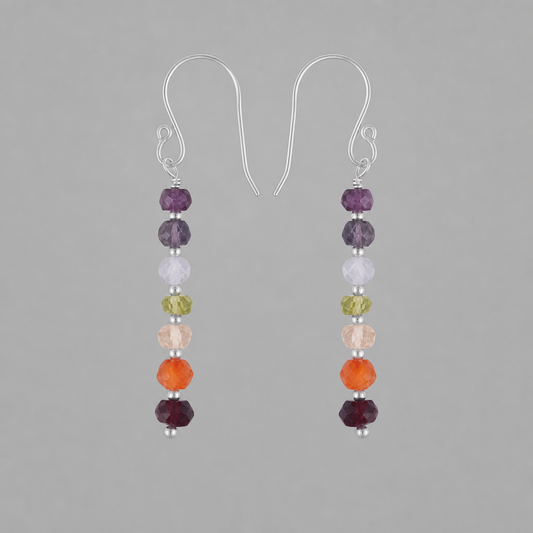 Multicolored 7 Gemstone Chakra with Faceted Beads Sterling Silver Boho Earrings