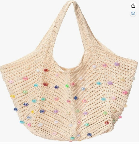 Crochet Knit Summer Boho Beach Tote Foldable Shoulder Bag with Colored Beads