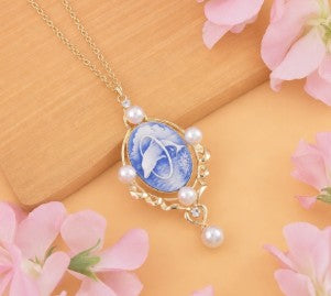 Blue Color Dolphin Pendant Necklace with Austrian Crystals and Faux Pearl - Gold Plated