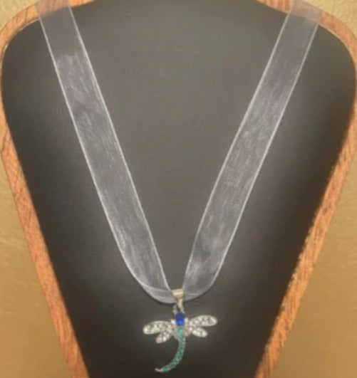 Silver-Gray Ribbon Necklace with Dragonfly Pendant and Multicolor Cubic Zirconia Stones