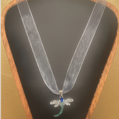 Silver-Gray Ribbon Necklace with Dragonfly Pendant and Multicolor Cubic Zirconia Stones