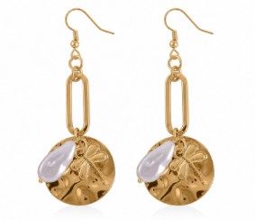 Dragonfly with Faux Pearl Paper Clip Chain Dangle Earrings in Gold tone