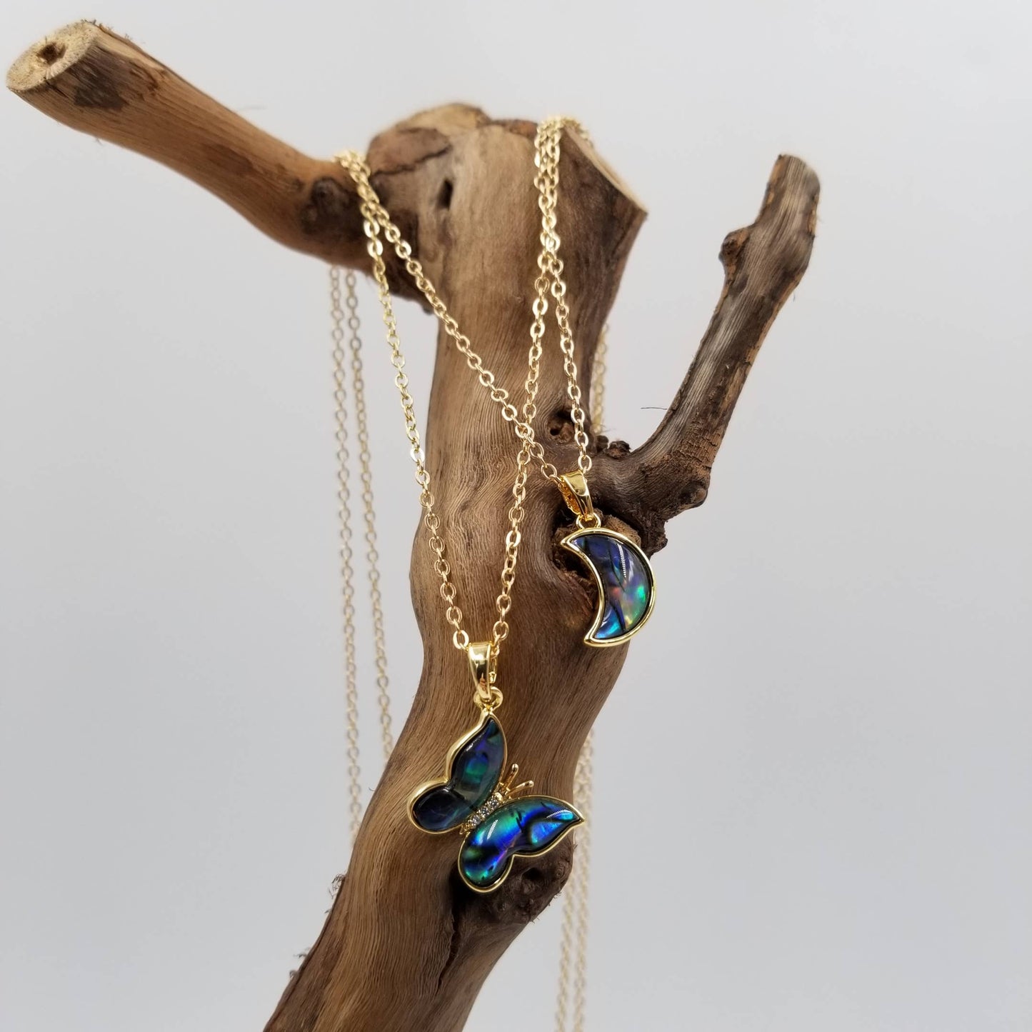 Natural Abalone Shell Butterfly & Moon Pendant Necklace