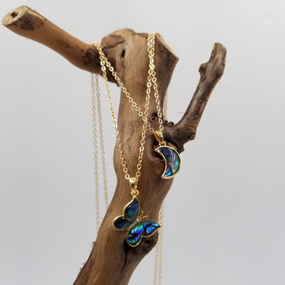 Natural Abalone Shell Butterfly & Moon Pendant Necklace