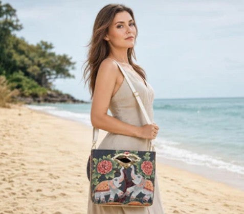 Black Elephant Jacquard Crossbody Bag with Adjustable Shoulder Strap