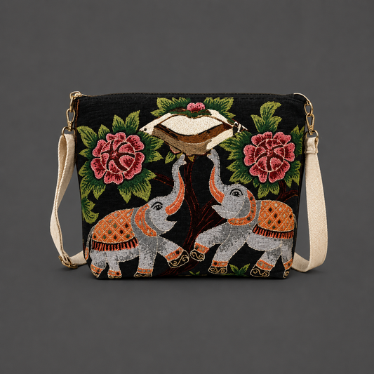 Black Elephant Jacquard Crossbody Bag with Adjustable Shoulder Strap