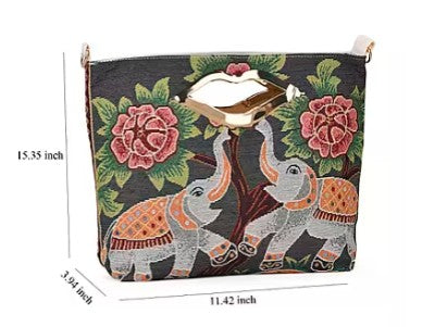 Black Elephant Jacquard Crossbody Bag with Adjustable Shoulder Strap
