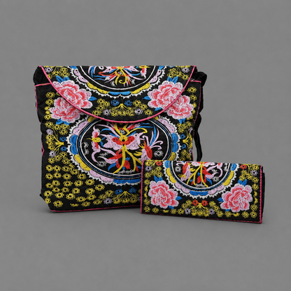 Black with Pink Floral Embroidered Crossbody Boho Handbag and Wallet Set