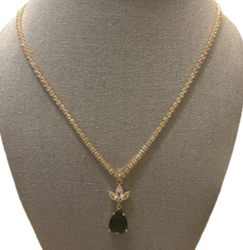 Pear Shaped Simulated Emerald and Cubic Zirconia Gold Plated Victorian Style Necklace