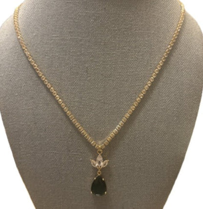 Pear Shaped Simulated Emerald and Cubic Zirconia Gold Plated Victorian Style Necklace