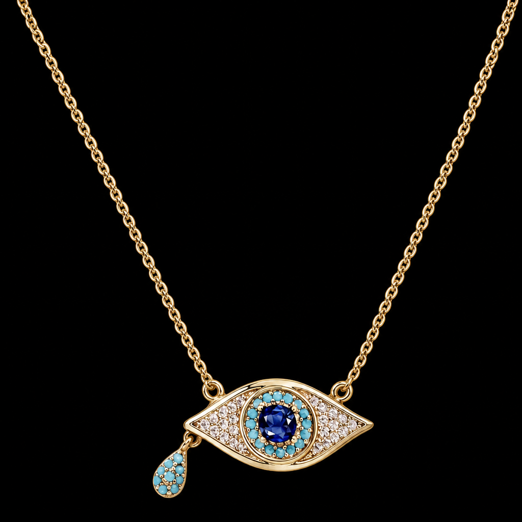 Evil Eye Protection 18" Necklace with Cubic Zirconia and Turquoise - Gold Plated