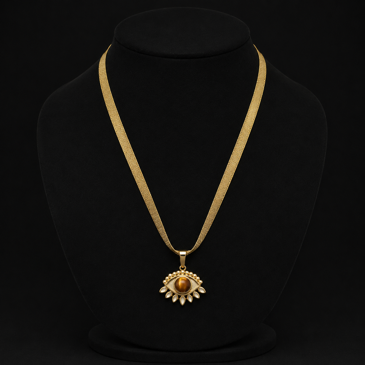 Gold Ribbon Necklace with Tiger's Eye and Cubic Zirconia Evil Eye Protection Pendant