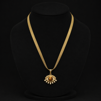 Gold Ribbon Necklace with Tiger's Eye and Cubic Zirconia Evil Eye Protection Pendant