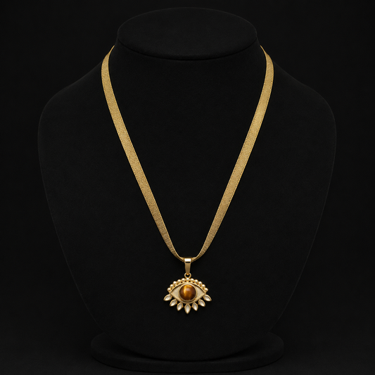 Gold Ribbon Necklace with Tiger's Eye and Cubic Zirconia Evil Eye Protection Pendant