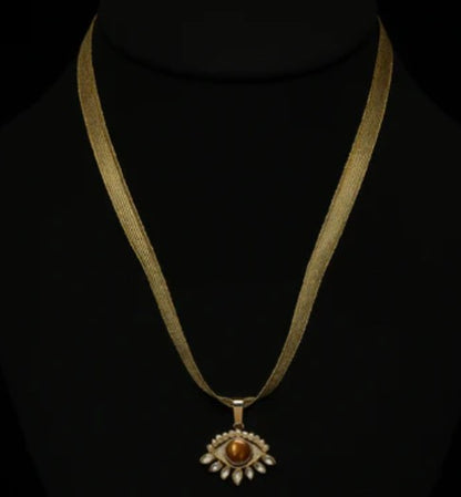 Shimmering Gold Ribbon Necklace with Tiger's Eye and Cubic Zirconia Evil Eye Protection Pendant