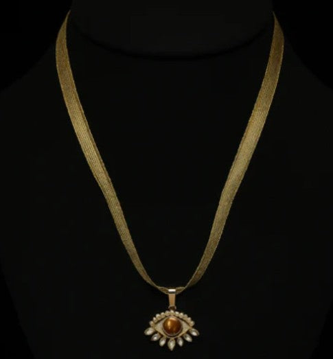Shimmering Gold Ribbon Necklace with Tiger's Eye and Cubic Zirconia Evil Eye Protection Pendant