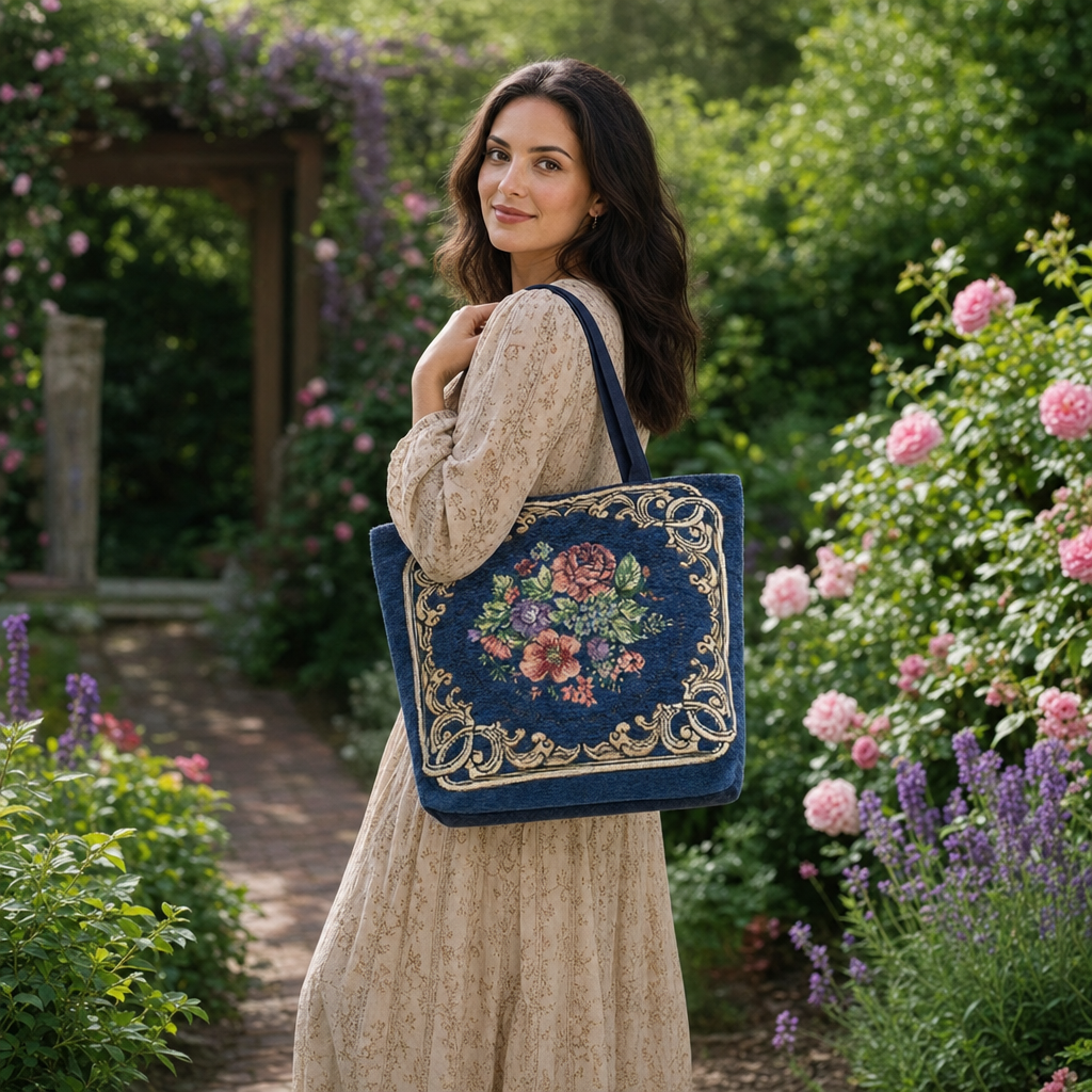 Navy Blue Floral Pattern Boho Tote Bag with Zipper