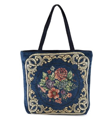 Navy Blue Floral Pattern Boho Tote Bag with Zipper