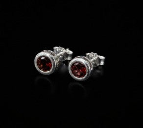 Bezel Set Brilliant Cut Garnet 925 Sterling Silver Earring Studs