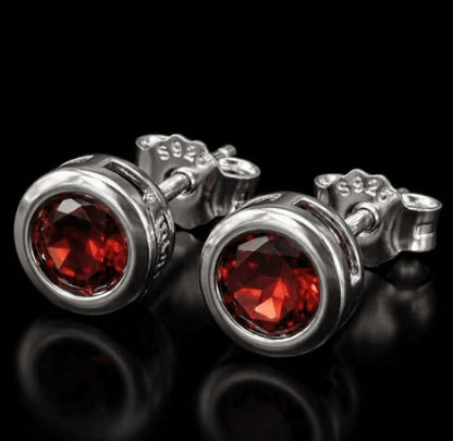 Bezel Set Brilliant Cut Garnet 925 Sterling Silver Earring Studs