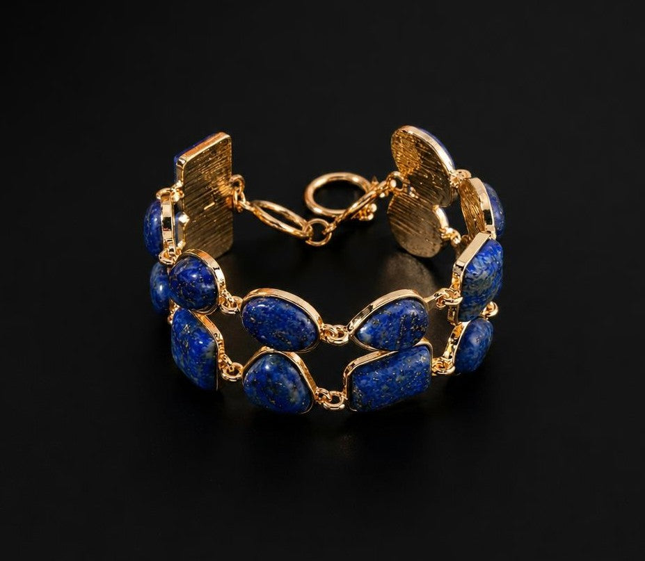 Lapis Lazuli 2 Row Link Bracelet in Gold tone with adjustable (7" - 8.75") Toggle Clasp