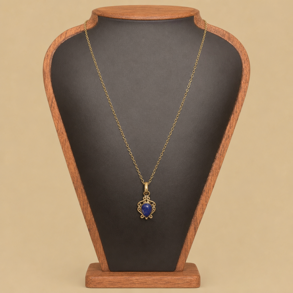 Elegant Wire Pattern with Pear Shape Cabochon Stone Brass Pendant 18" Necklace - 2 Gemstone options