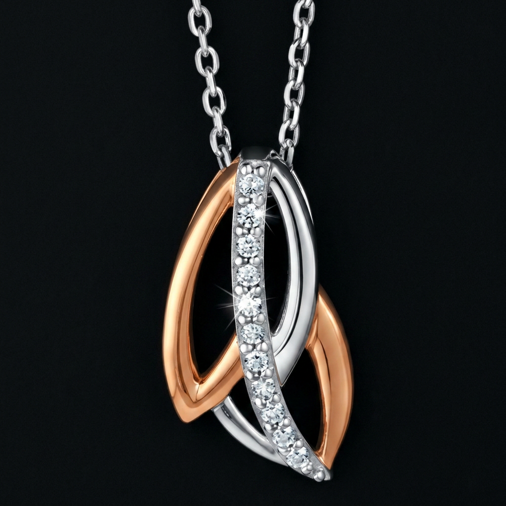 Falling Leaves Cubic Zircon Two-tone 925 Sterling Silver Rose Gold Plated Pendant