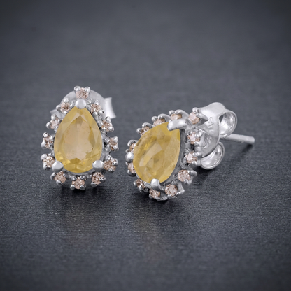 Brilliant Cut Pear Shaped Gemstone with Cubic Zirconia Accents 925 Sterling Silver Stud Earrings - 3 Gemstone Options