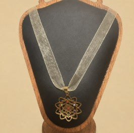 Flower Mandala Pendant with 7 Cubic Zirconia Chakra Stones on Beige Gold Ribbon Necklace