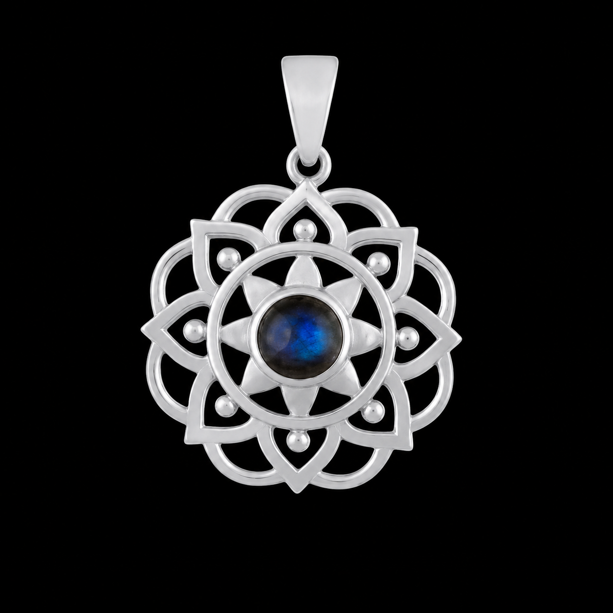 Flower Mandala Cabochon Gemstone Sterling Silver Pendant - 2 Gemstone options
