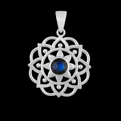 Flower Mandala Cabochon Gemstone Sterling Silver Pendant - 2 Gemstone options